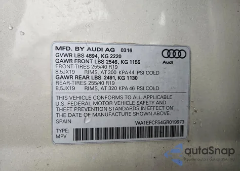 2016 Audi Q3 Premium Plus z USA, uszkodzony, nr VIN WA1EFCFS4GR019973